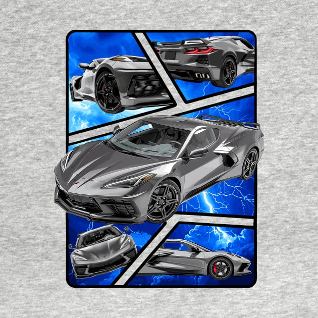 Multiple Angles of the Hypersonic Gray C8 Corvette Presented In A Bold Vibrant Panel Art Display Supercar Sports Car Racecar Torch Gray Corvette C8 by Tees 4 Thee